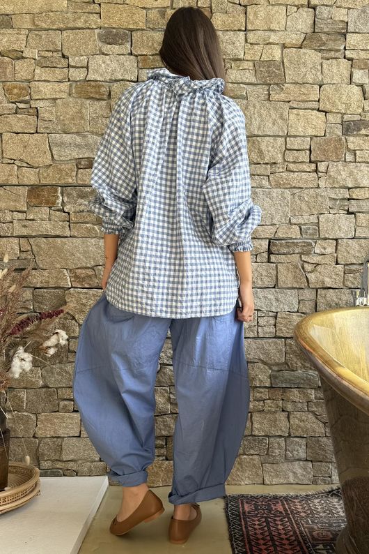 Nonni Gingham Poet Blouse Denim